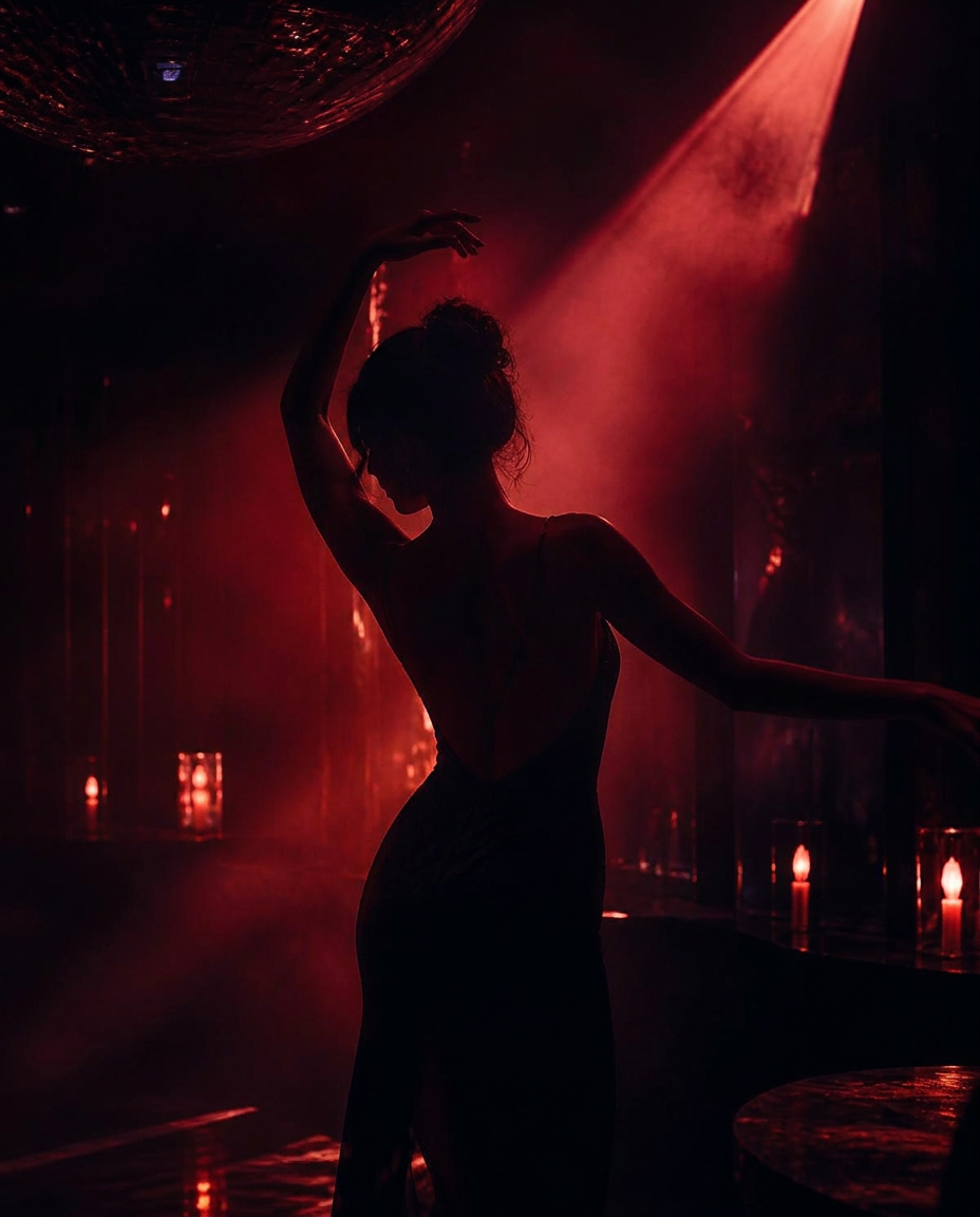 Silhouette in a spotlight inside the dark FEMINA club