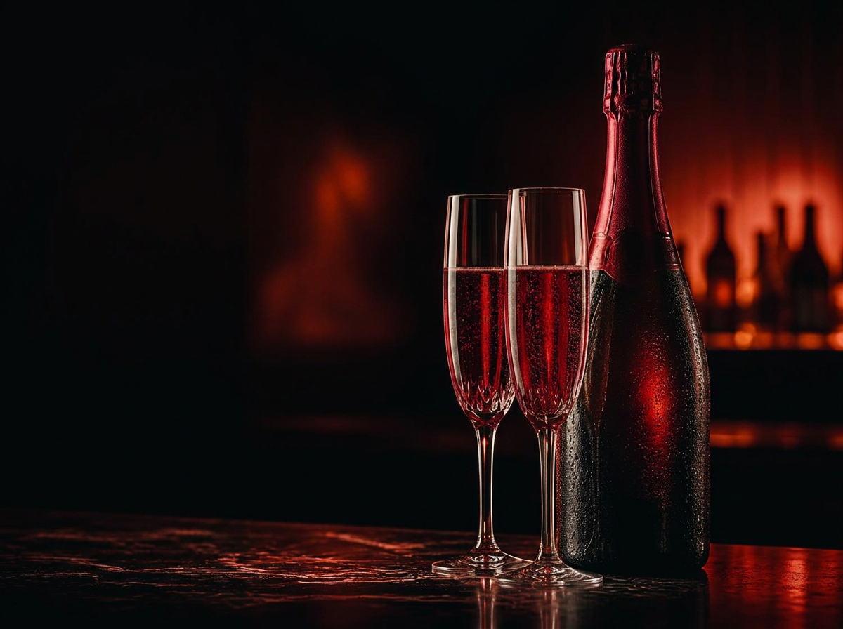Chilled champagne bottle and two filled flutes on a dark bar