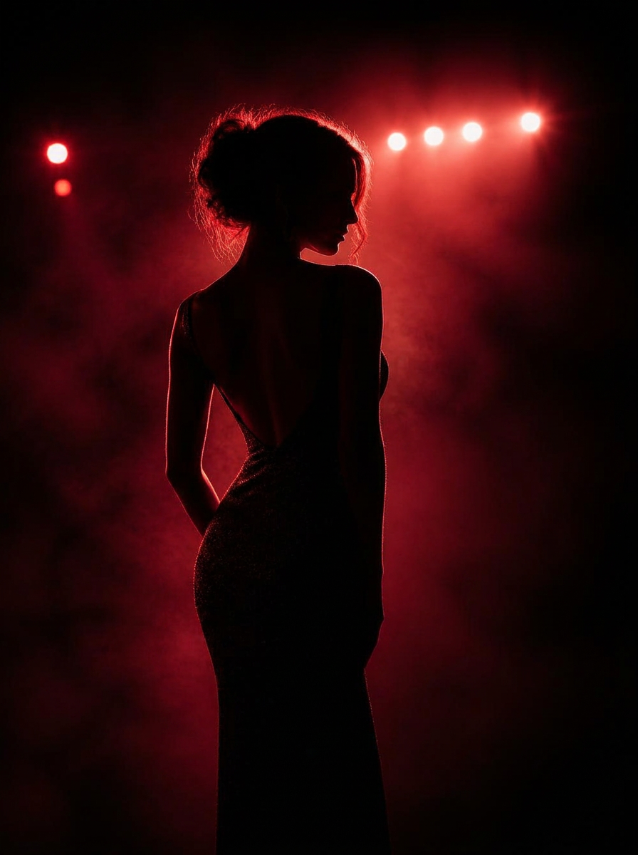 Silhouette of a guest in an evening dress against warm stage light