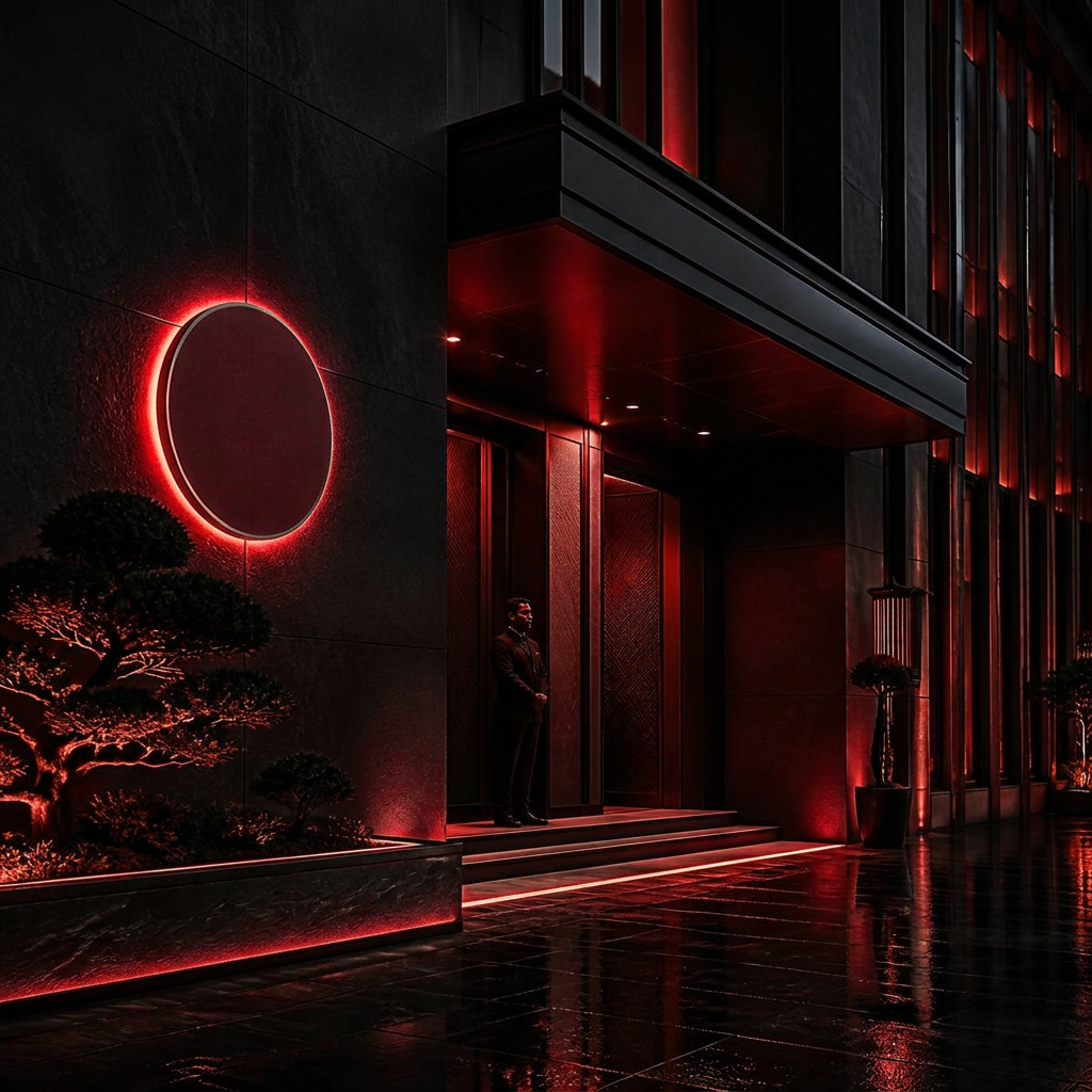 Discreet, dark club entrance at night