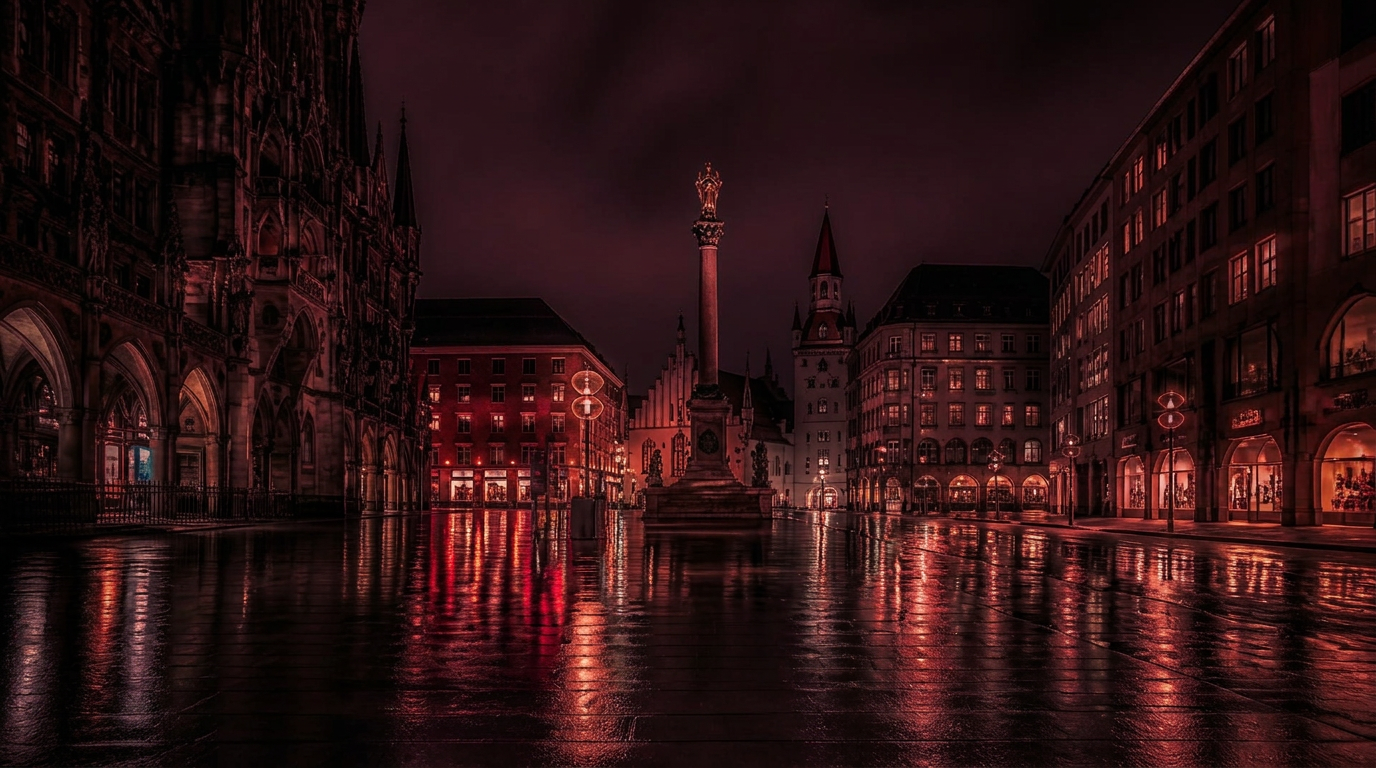 Munich city centre at night, wet streets reflecting the city lights